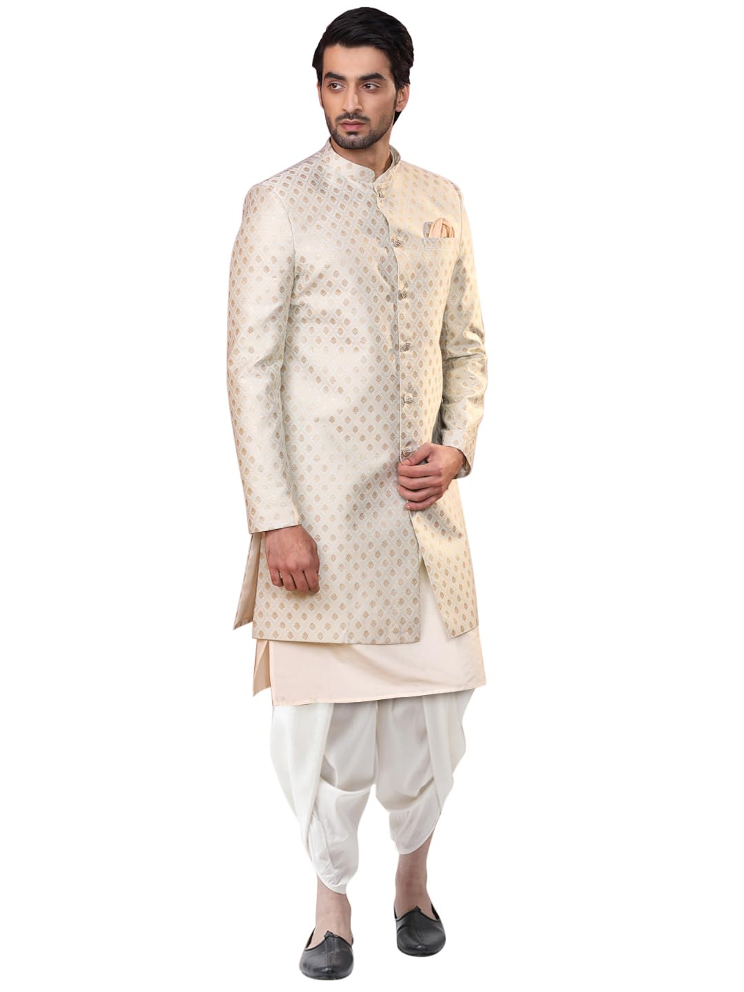 Mens Kurta Sherwani Dhoti Set Silk Blend Jacquard, Indo-Western Mens Wear, Cream-image-46