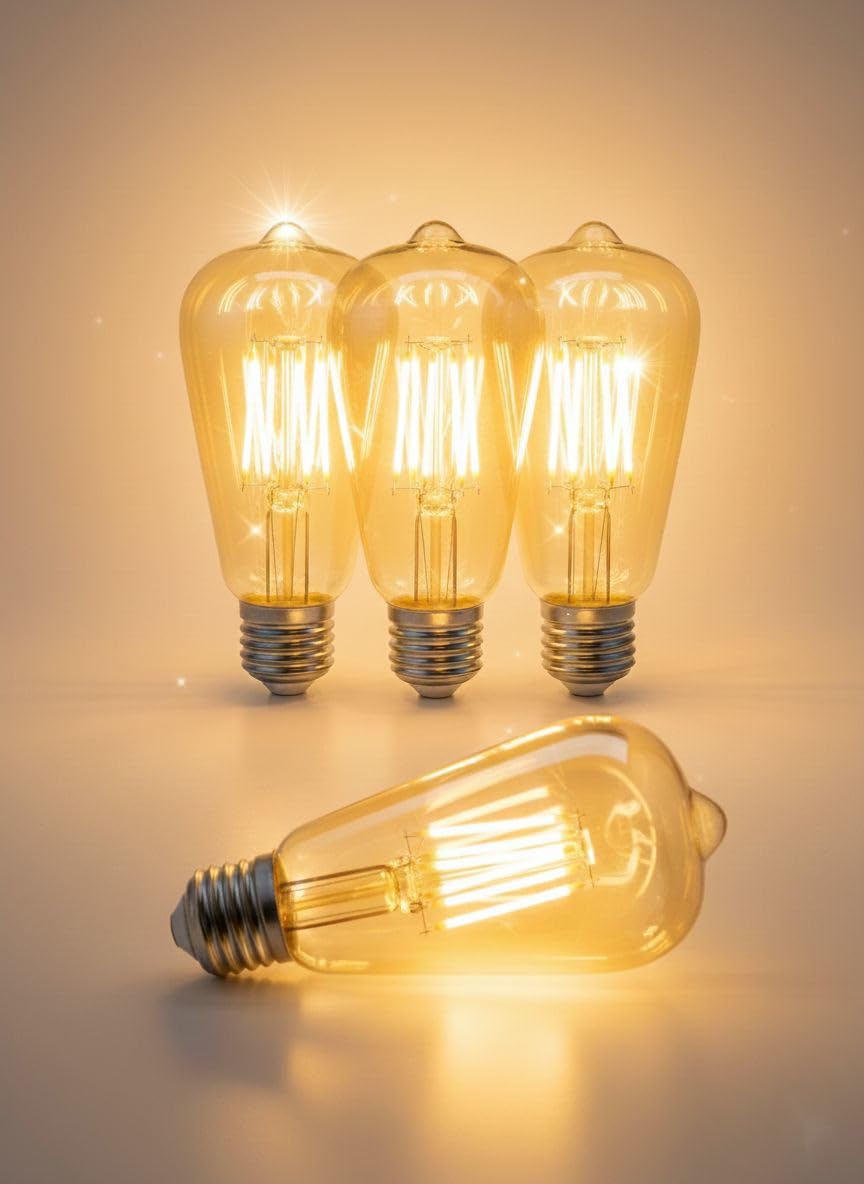 4 Pack ST64 Super Bright Edison Led Bulbs 80 watt Equivalent, Vintage 2700K Warm White Amber Glass, 8W Antique LED Filament Bulbs, E27 Base, 1 Year warranty
