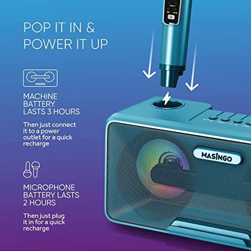 Masingo Karaoke Machine For Adults And Kids With 2 Wireless Microphones, Portable Bluetooth Singing Speaker, Colorful Led Lights, Pa System, Lyrics Display Holder & Tv Cable - G2 Turquoise #TOP4