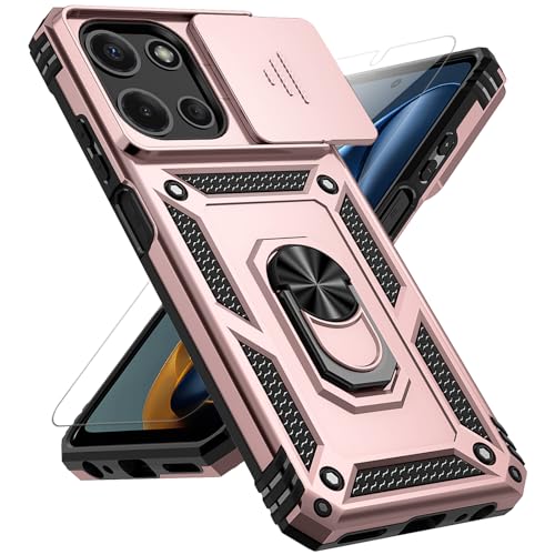 for Motorola Moto G 2025 / Moto G 2026 / Moto G Play 2026 Case, with Slide Camera Cover HD Screen Protector [Military Grade 16ft. Drop Tested] Ring Holder Kickstand Protective Phone Case, Rose Gold