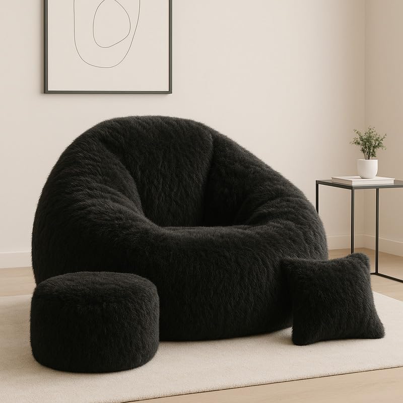 Image of Biggie Bean Bag with Beans Filled 5XL The Evergreen Classics Bean Sofa-Comfort That Hugs Back-Styled for Elegance with Free Cushion & Footrest (Matching Color : Soft Fur Black)