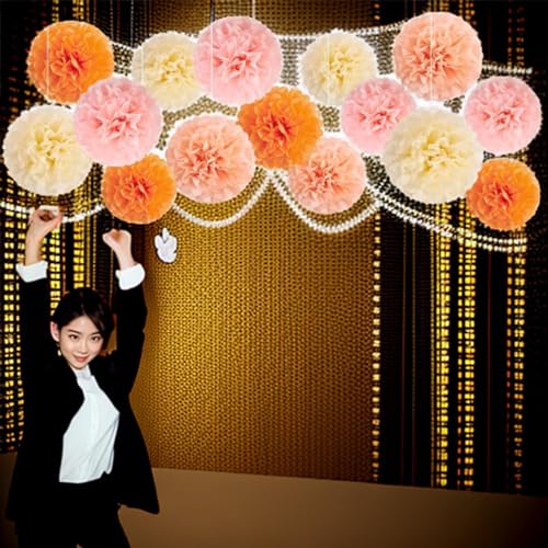 Image of XIKSXITN 12pcs Light Pink and Orange Paper Pom Poms Decorations for Party ,Ceiling Hanging Tissue Paper Flowers Decorations (10&12inch)