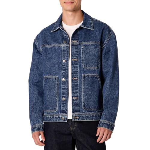 Amazon Essentials Men's Rigid Denim Relaxed-Fit Utility Jacket, Tinted Medium Blue, Large