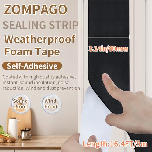 Image of ZOMPAGO Foam Tape Weather Stripping, 3.2in X16.4FT Black Single Sided Adhesive Rubber Seal Strip, Window Gap Filler & Door Seal Weatherstripping for Doors, Exterior Window Gasket Door Insulation