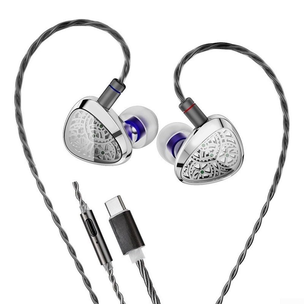 Słuchawki douszne HIFI z przetwornikiem z włókna węglowego 10 mm, konstrukcja z podwójną wnęką ze stopu cynku, 3,5 mm, przewodowe słuchawki typu C do muzyki (srebrne, typ c)