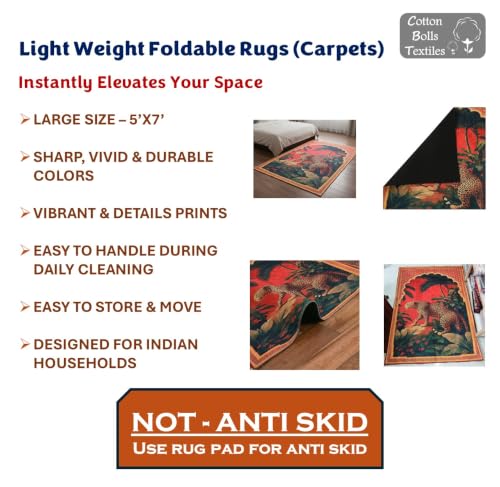 Image of Cotton Bolls Textiles Rugs for Living Room 5x7 Feet Large Size | Lightweight Foldable Carpet for Bedroom & Hall | Easy to Handle During Daily Cleaning | Travel Friendly Printed Rug | Leopard