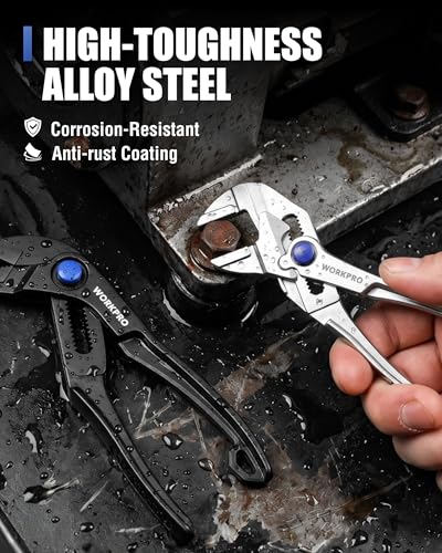 Image of WORKPRO 2-Piece Mini Pliers Set, 4-Inch Water Pump Pliers & Pliers Wrench | Alloy Steel, Anti-Rust Coating, Quick Adjustment, Mini Groove Joint Plier & Smooth Jaw Plier, Pocket Size, Everyday Carry