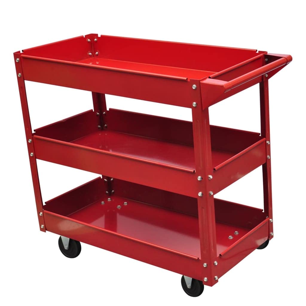 Carro de taller de acero lacado con 3 estantes, capacidad de carga de 100 kg, 4 ruedas y asa para facilitar el transporte en garaje y taller