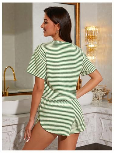 Image of OYOANGLE Womens Pajama Sets 2 Piece Sexy Lounge Sets Summer Cute Pjs Striped Print Tee and Side Split Shorts Set