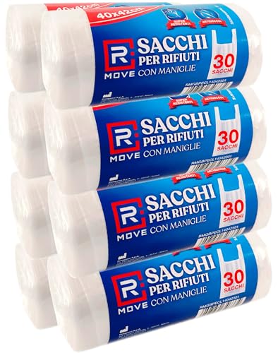 RMOVE 240 sacchetti spazzatura con MANIGLIE 40x42cm, sacchi spazzatura 8,5 litri, 8 rotoli di sacchi spazzatura, 30 sacchi immondizia per rotolo, sacchi indifferenziata, sacchetti pattumiera