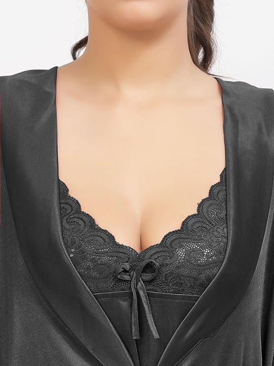 come4try Women's Satin Nightgown Set with Robe, Black, XXL - Image 7