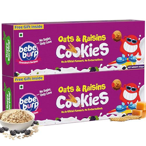 Image of BE'BE' BURP Oats & Raisins Cookies For Kids - 150g (Pack of 2) | Organic & healthy cookies with Sweetness of Jaggery | No Artificial Preservatives & Flavours | Healthy Biscuits For Kids