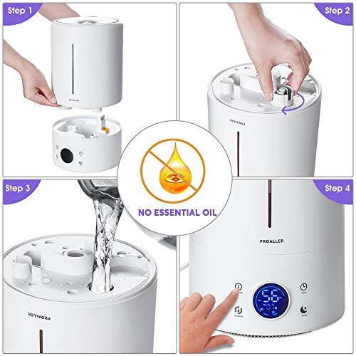 PROALLER Ultrasonic Cool Mist Humidifier for Large Rooms, 5L / 1.32 Gal for Bedroom, Baby, Home, Office, LED Display, Timer/Sleep Mode Quite, Filter Free, Waterless Auto Off, Portable, 3 Mist Level