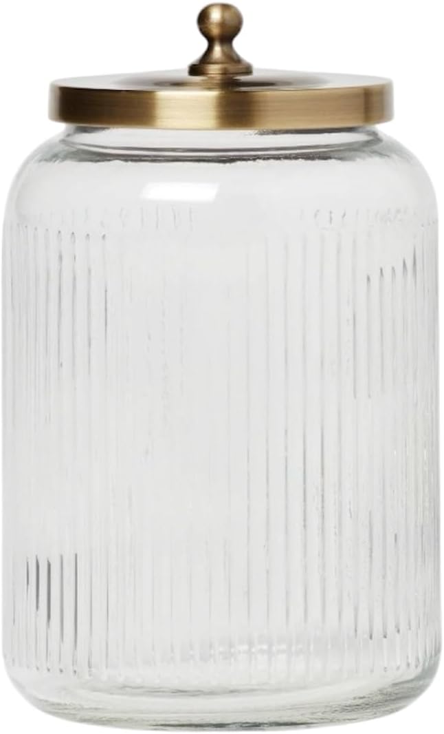 Glass Bathroom Canister with Brass Lid – Elegant Storage Jar for Cotton Pads, Q-Tips & Vanity Organization, 5 in Clear Glass Container for Bathroom, Bedroom or Countertop (Large 8")