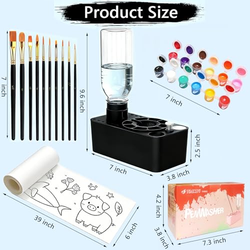Paint Brush Cleaner Tool,Painting Running Water Circulation Art Supplies,with Brushes,Colors Paint,Watercolor Paper,Paint Station Creative Gift for Kids Girls Adult Artist Beginners,Black