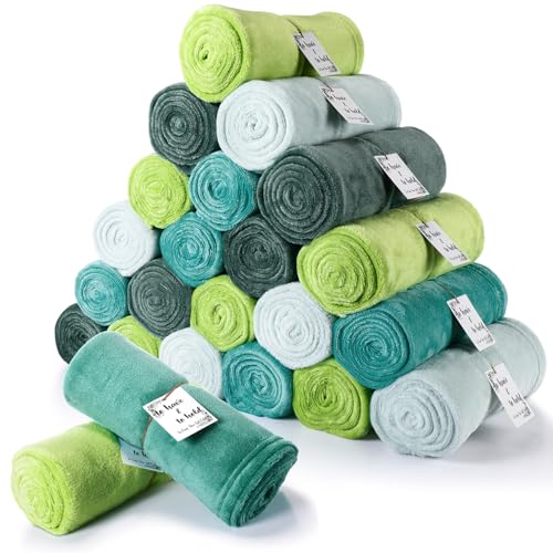 Windkream 24 Pack Flannel Throw Blankets Bulk 50 x 60 Inch Wedding Fleece Blankets with Thank You Card Soft Blanket for Winter Valentines Guests Sleepover Spa Gifts, 4 Colors (Shades of Green)