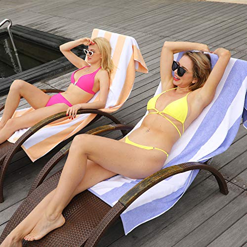 Clowood Plush Oversized Beach Towel - Bamboo Cotton 40 X 72 Inch Large Thick Blue Striped Cabana Pool Swimming Towel #TOP2