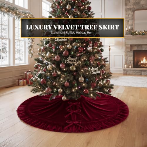 VEILS Large Christmas Tree Skirt, Velvet Burgundy Tree Skirts with Center Pleats and Plush Tie Closures for Christmas Party Favors Decor(60") - image 2