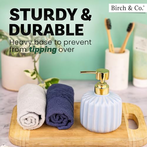 Image of Birch & Co. Ceramic Soap Dispenser For Wash Basin - Handwash Dispenser Bottle - Leak-Proof Design With Silver Glossy BPA-Free Pump, Rivo, Blue,Soapdispenser Rivo Blue