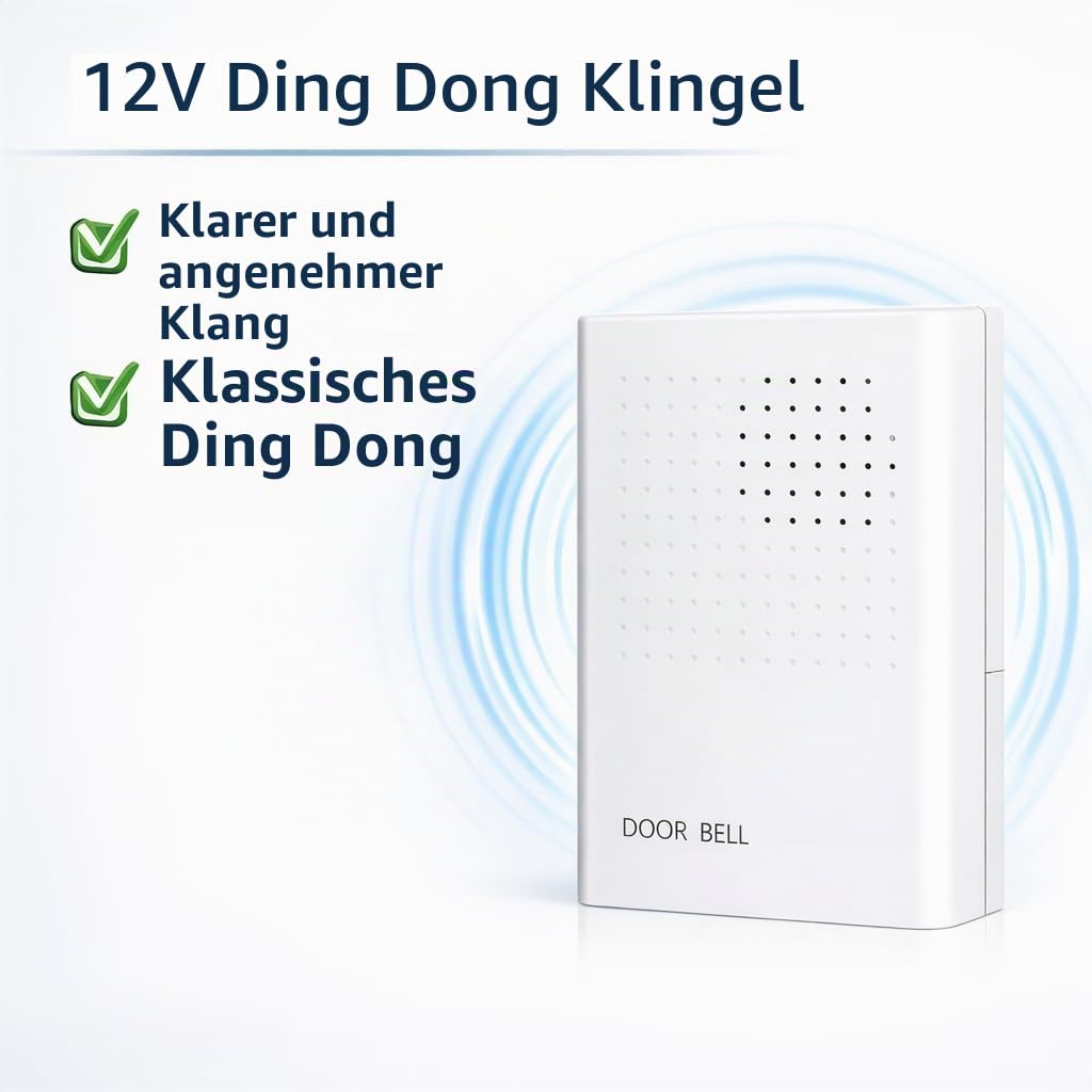 RASMACOR - Kabelgebundene 12V Türklingel Ding Dong – Elektrische Klingel für Haustür, Klarer Klang, Einfache Installation, Ohne Batterien, Robustes ABS, Türklingel für Haus, Wohnung und Büro
