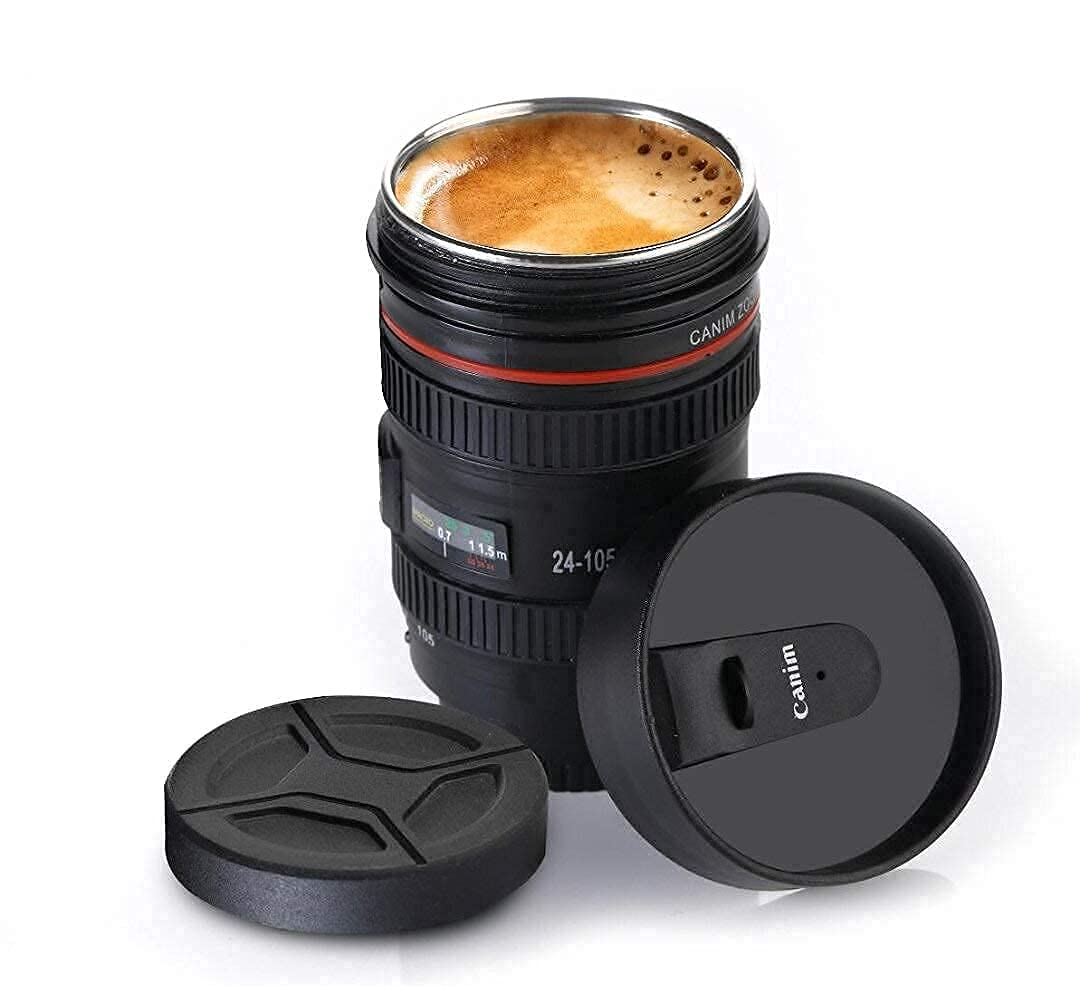 FERIO Super Classic Camera Lens Shaped Coffee Mug with 2 Lids, Steel Insulated | Gifting Idea| DSLR Camera Lens Shaped Travel Thermos Cup 350 ML - (Pack of 1 -Black)