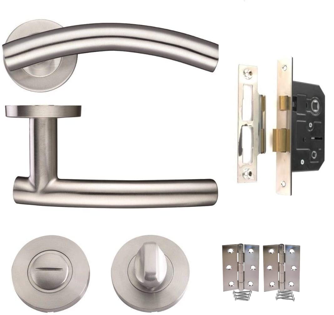 B&Q -  1 Set Arched T-Bar Bathroom Door Handles Satin Nickel Finish With 1 Pair Of 3" Butt Hinges