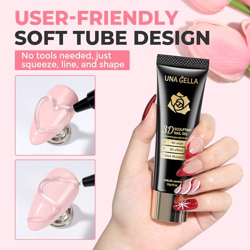 Image of UNA GELLA 3D Gel Nail Art 30g, 4 in 1 No Wipe Clear 3D Sculpting Gel Polish Nail Glue for Nails Tips, Chrome Nails Powder, Nails Charms and Painting Christmas Art Designs Lamp Curing Required