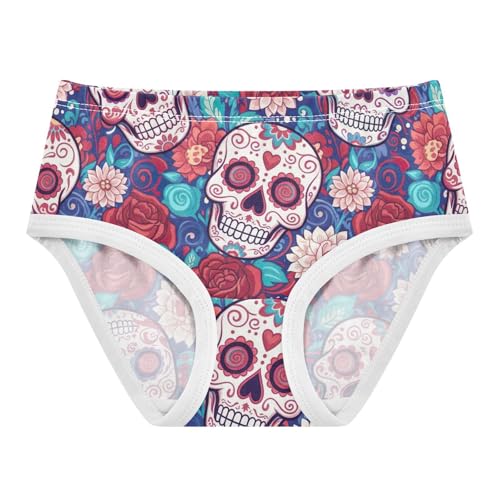 Colorful Skulls Floral Red Cotton Toddler Underwear, Girls' Cotton Brief Underwear, 2T–8 Years