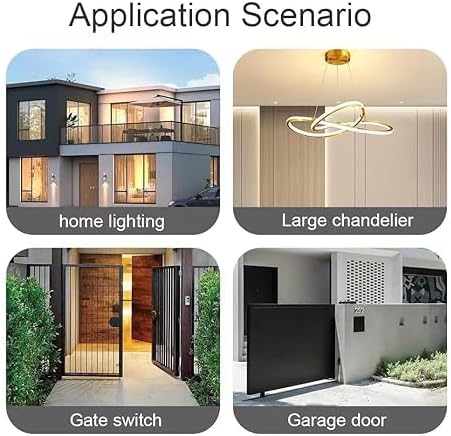 Four images showing application scenarios: home lighting, large chandelier, gate switch, and garage door