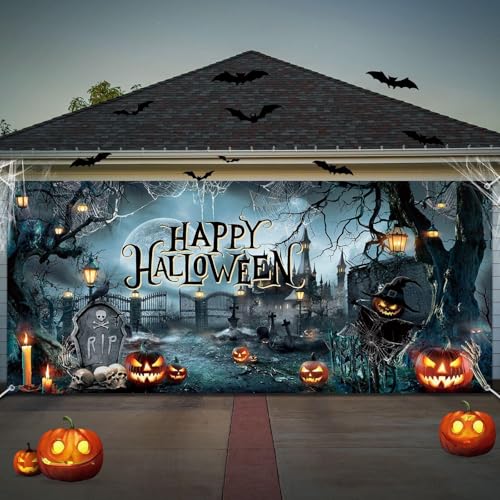 WovWeave Décorations de porte de garage Happy Halloween - 2,1 x 4,9 m - Grande bannière de porte de garage effrayante pour Halloween - Toile de fond pour porte de garage d'Halloween