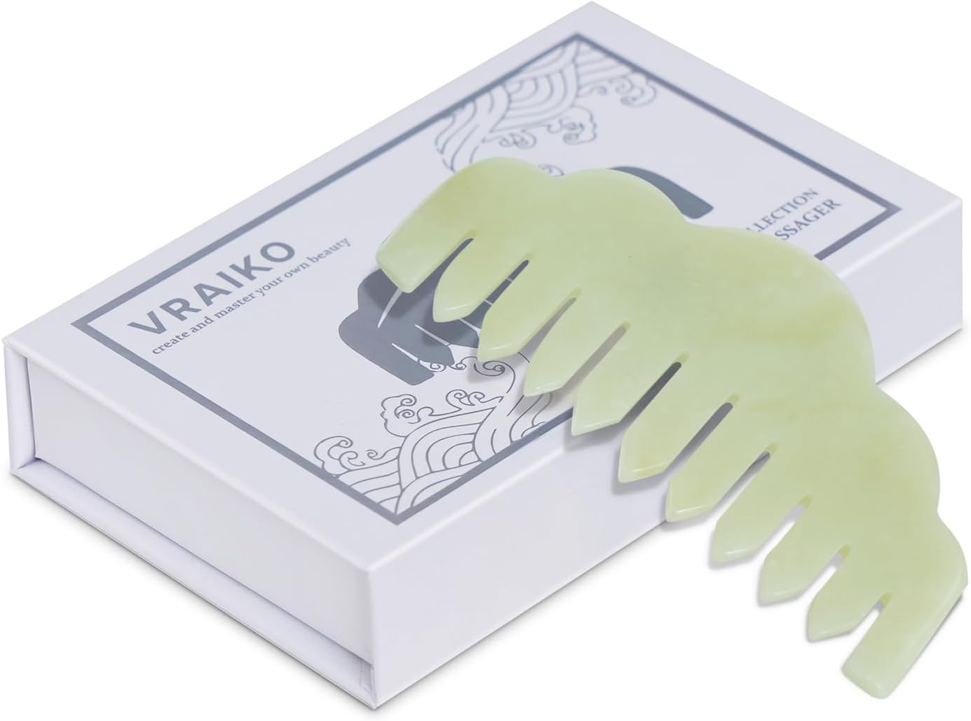 VRAIKO Natural Jade Comb Head Massager, Scalp Massage Comb and Gua Sha Scraping Tool, Meridians Massage Tool for Head Caring and Relaxation (Premium Green)