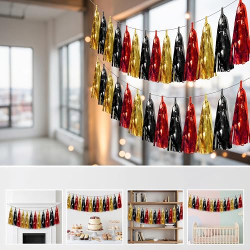 Image of 4P Black-Red Gold Foil Fringe Metallic Tassel Garland, Tassels Banner Streamers for Parade Floats, Bachelorette, Wedding, Birthday, Halloween, Christmas, Bridal /Baby Shower Party Decorations
