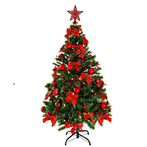 Baunsal GmbH & Co.KG Weihnachtsbaum Tannenbaum Christbaum künstlich 150 cm grün mit roter Dekoration und Lichterkette mit Micro LEDs … Cover