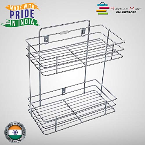Image of Premium 2-Tier Stainless Steel Kitchen Rack | Wall Mount Modular Organizer Shelf & Multipurpose Storage Stand for Spices, Pantry & Bathroom Toiletries | Space Saving Design