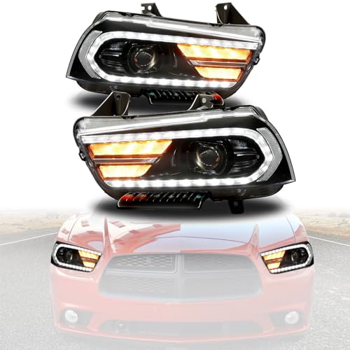 HECASA Headlights Assembly Compatible with 2011-2014 Dodge Charger with LED DRL Sequential Turn Signal Projector Headlamp Clear Lens & Black Housing