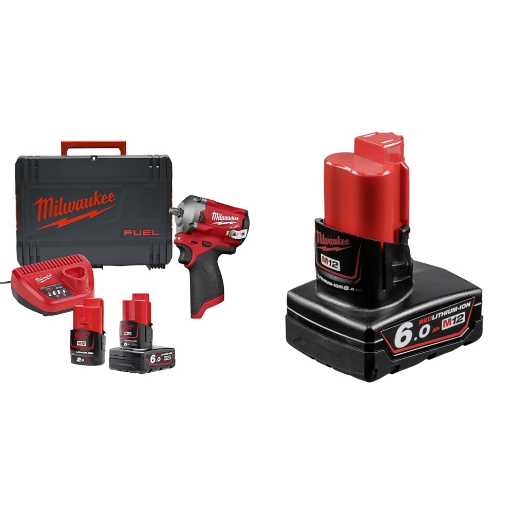 MilwaukeeM12 FIW38-622X Fuel™ Impact Wrench Kit 12V 1 x 2.0Ah & 1 x 6.0Ah Li-ion & M12B6 12v 6.0Ah Red Lithium-ion Battery,4 x 4 x 10 cm