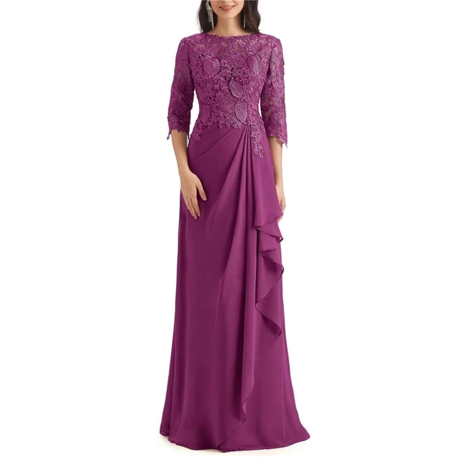 Vestidos para la Madre de la Novia Elegante Vestido de Madre la Novia con Apliques Encaje for Fiesta Bodas, Gasa, Media Manga, Corte A, Largo hasta el Suelo para una reunión(Orange,14W)