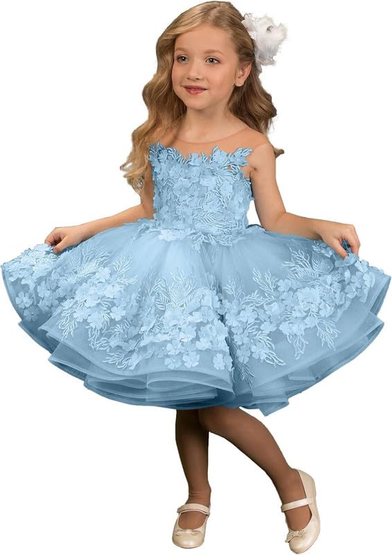 Tulle Flower Girl Dresses 3D Flower Appliques Pageant Dresses for Girls Short First Communion Dress Ball Gown HRK10