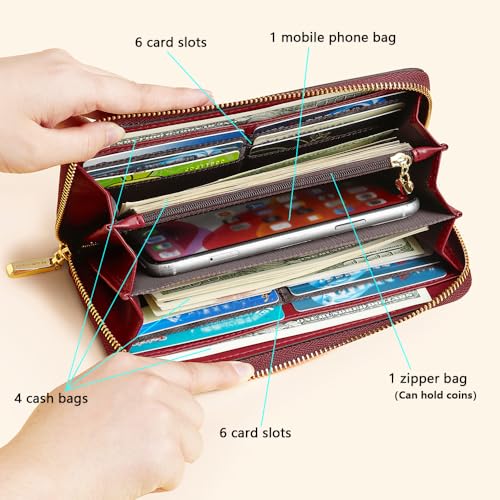 Fashion RFID Leather Wallet - Women's Hand-Held Bag, Credit Card Clip Bag, Long Capacity Coin Purse, Zipper Multi Card Slot Wallet (Wine Red)2