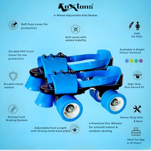 Image of Skating Shoes - Roller Skates for Kids 6-12 with Auto Precision Ball Bearings, 50mm Anti Skid Vinyl Wheels, Toe Stoppers, Bigger Wheel Size, Blue, Super Xplod