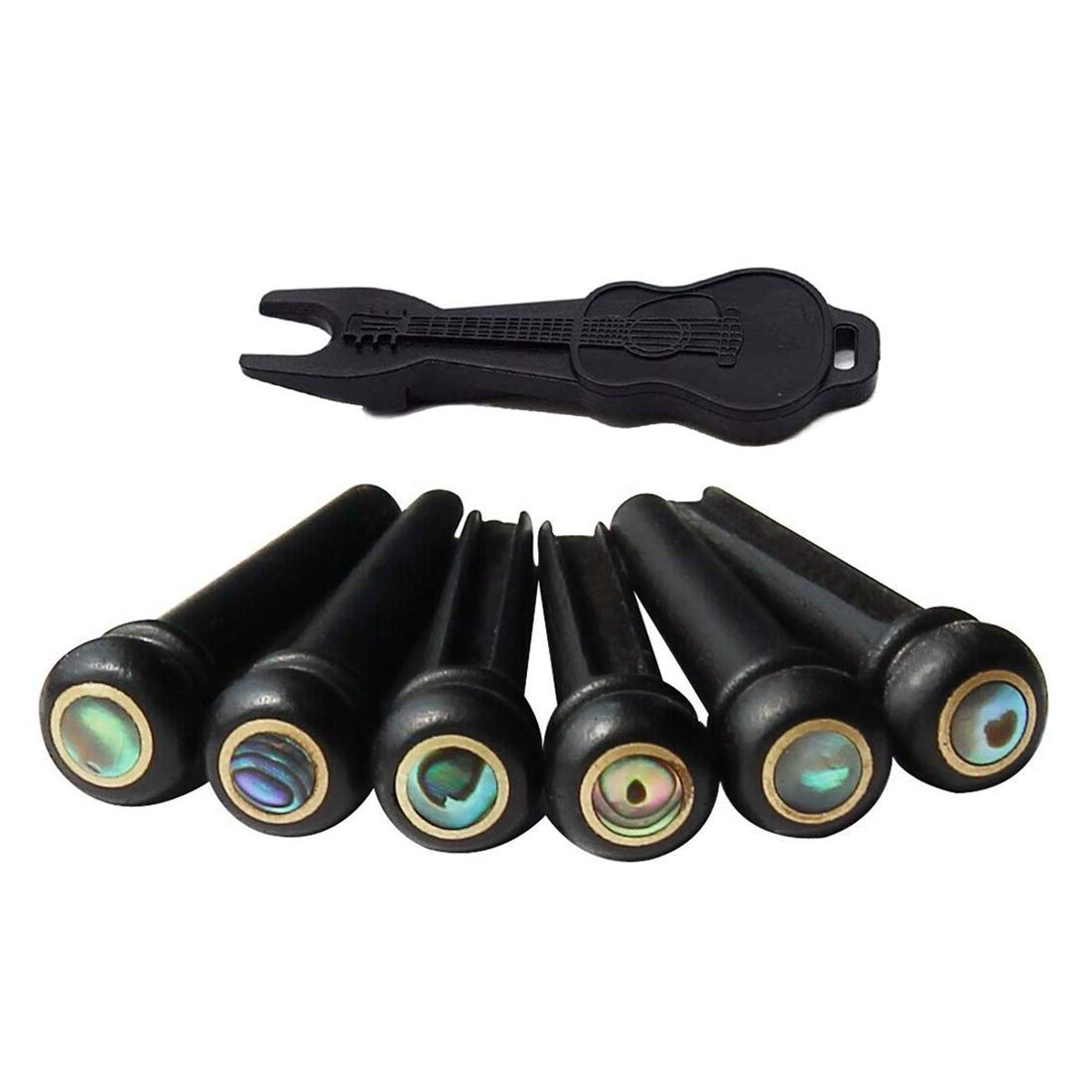 Alnicov Lot de 6 chevilles pour chevalet de guitare acoustique en ébène à rainures avec décoration en ormeau et extracteur de chevilles de chevalet