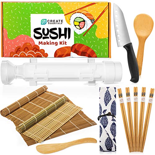 Sushi Making Kit - Bamboo Sushi Mat - All In One Sushi Roll Bazooka Maker with Restaurant Grade Rolling Mats and Roller for Sushi Parties at home - Sushi Tools Set with Beginners Guide & Recipes