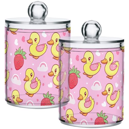Gredecor 2 Pack Qtip Holder Clear Cute Ducks Bows Strawberry (10) Apothecary Jars with Lids Acrylic Bathroom Jars Vanity Countertop Canister Storage Organizer for Cotton Ball,Swabs,Pads,Floss