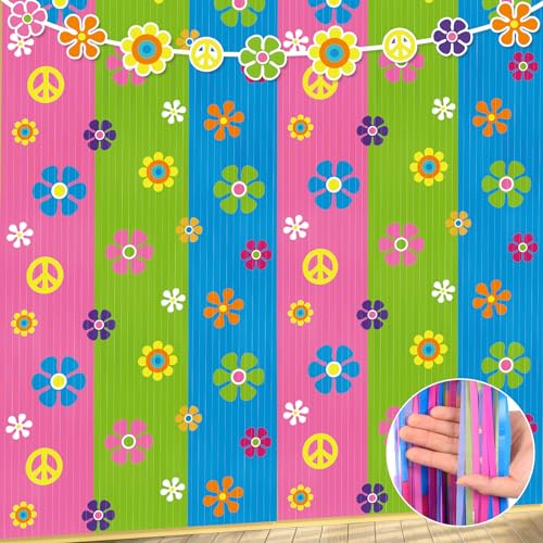 Windkream 2 Pack Hippie Party Decorations Tie Dye Groovy Foil Fringe Curtains 3.3 x 6.6 ft Retro Daisy Flower Peace Sign Photo Backdrop Streamers Decor for 60's 70's Hippie Birthday Party Supplies