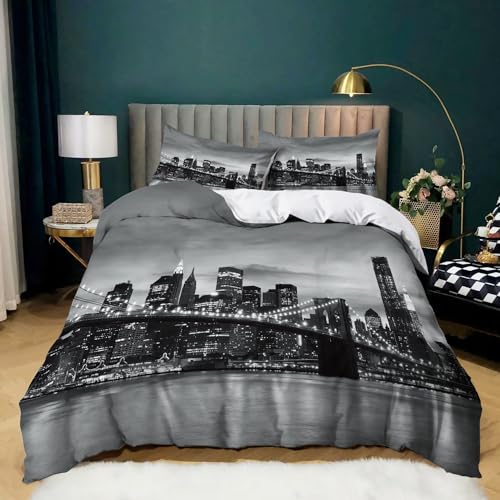 WHUOEUCO Housse de Couette 200 x 200 cm New York Pont de Brooklyn Parure de Lit 2 Personnes avec Fermeture Éclair - Housse Couette avec 2 Taie d'oreiller 65x65 cm