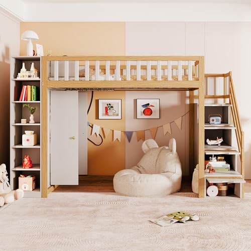 NNJN Cama alta multifuncional 90 x 200 cm con estantes, armario de almacenamiento y armario grande, escalera de seguridad con estantes, color blanco + madera cruda