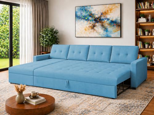 Image of Emilio 6 Seater LHS L - Shape Pull-Out Sofa Cum Bed Sofa for Living Room (Turquise Fabric Color) Premium Fabric Sofa Set for Living Room Sofa Cum Bed