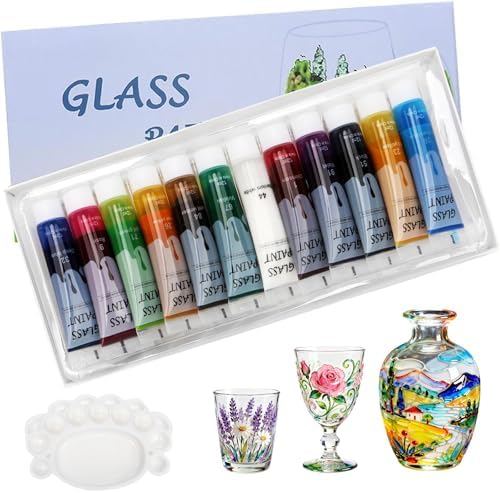 Magicdo Glass Paint Stained Transparent Glass Window Paint Set Great for Glass Painting, Wine Glasses, Light Bulbs, Ceramic, Non-Toxic, Waterproof, Halloween Art Decor(12 Colors x 12ml with Palette)
