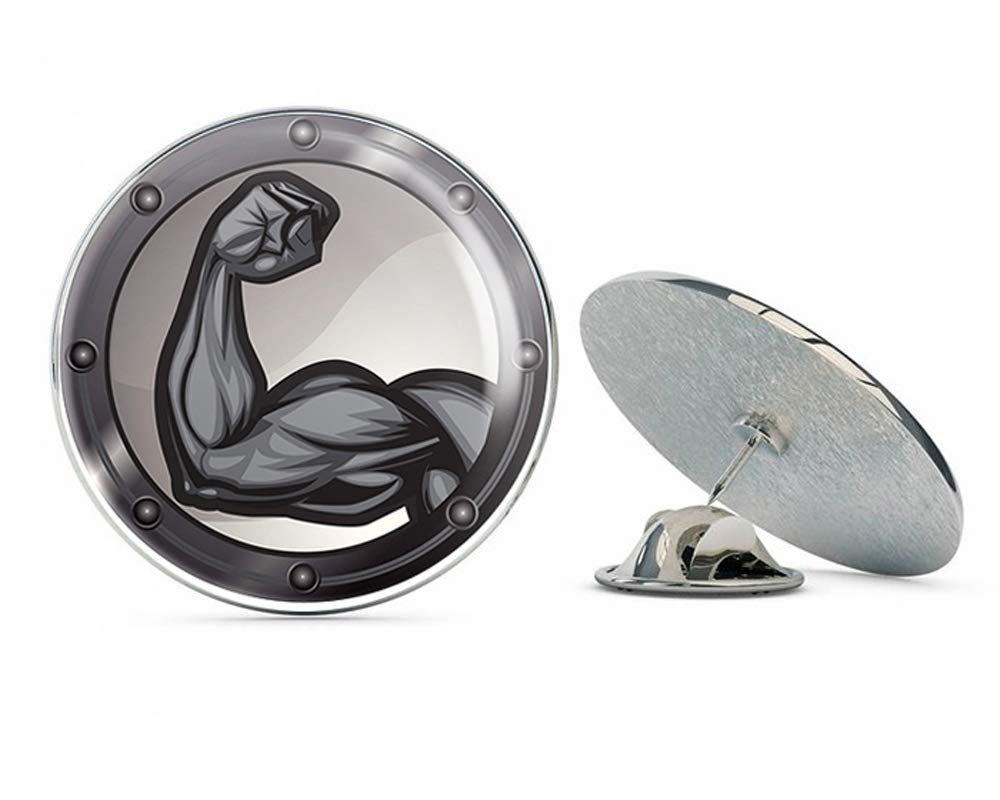 Bicep Flexing Muscle ON Shield ICON Grey Black White Round Metal 0.75" Lapel Pin Hat Shirt Pin Tie Tack Pinback