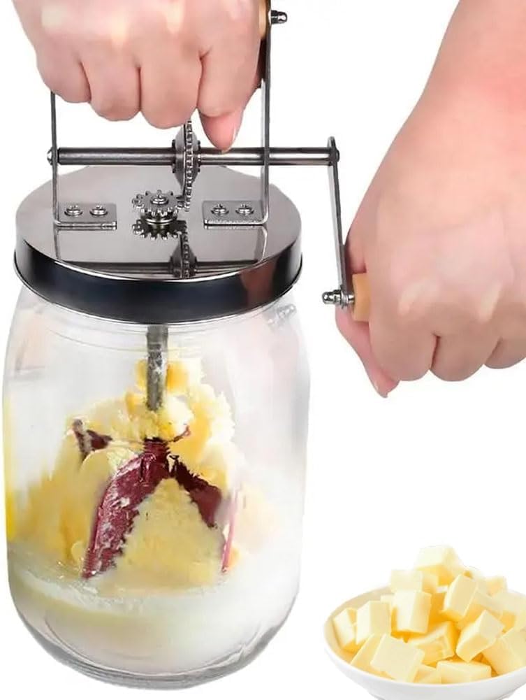 GYKOZY Manual Glass Butter Churner, Mini Manual Butter Gun, Hand Crank Butter Churn, Manual Wide Mouth Butter Maker Cream Homemade Butter Churn Washable Butter Maker (1.5L)